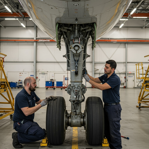 Two aviation mechanics are safely engaged in maintenance tasks on aircraft landing gear in a well-lit hangar.