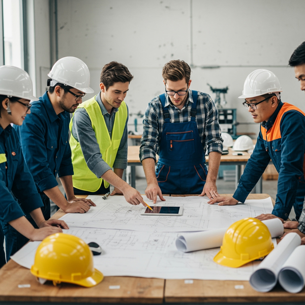 A team of engineers and technicians, including men and women, are gathered around a table with blueprints and a tablet, discussing designs in a bright workshop environment.