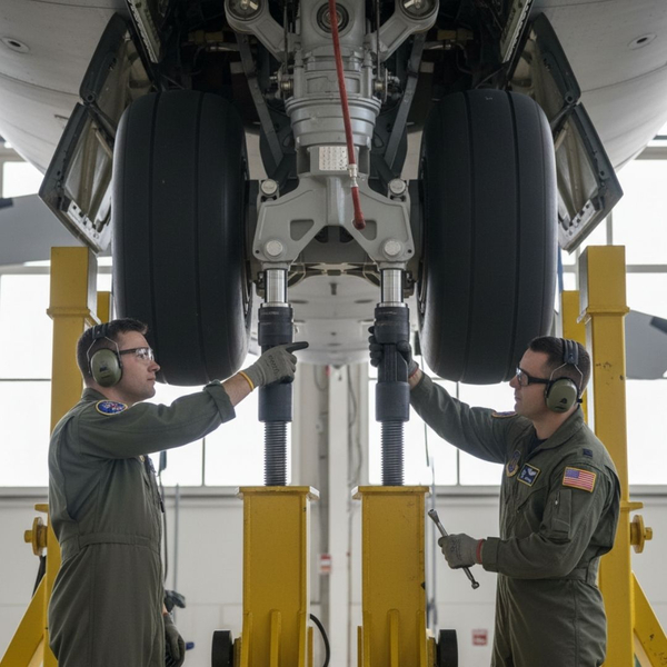 team of military workers working on maintaining aircraft
