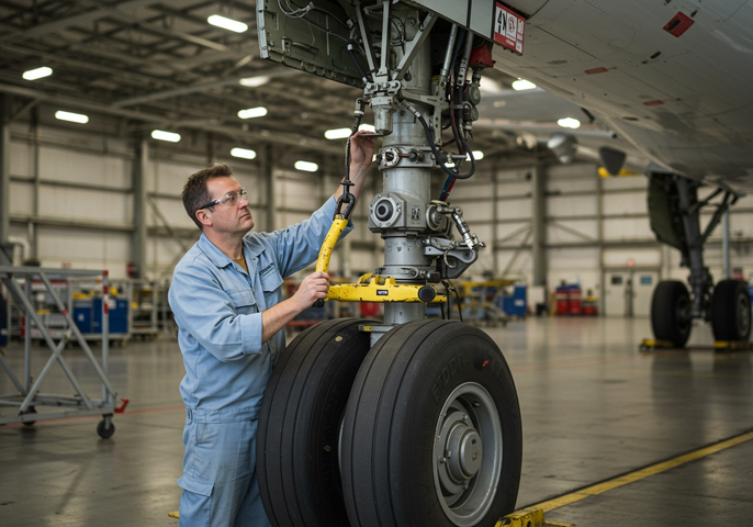 A professional aerospace engineer observes the landing gear of an Airbus A320, which is being handled by a specialized aircraft hoist.