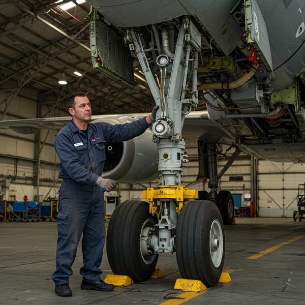 An aircraft technician operates a hydraulic aircraft jack to lift the landing gear in a hangar.