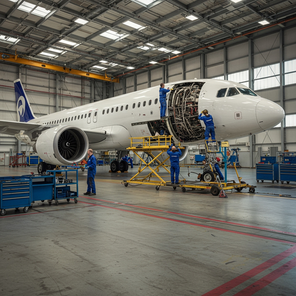A wide shot of a clean, well-lit MRO hangar with maintenance work underway on an aircraft.