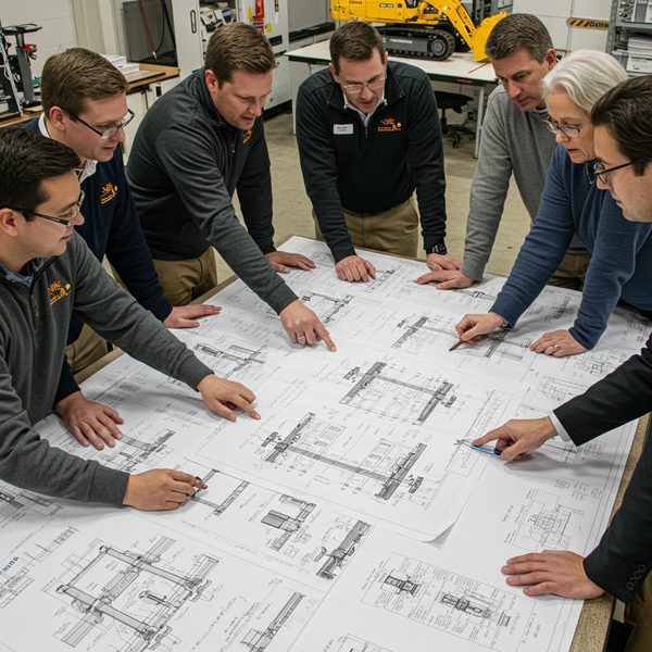 Engineers reviewing technical blueprints and discussing heavy equipment lift customization.