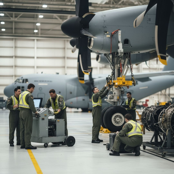 team of military workers working on military aircraft