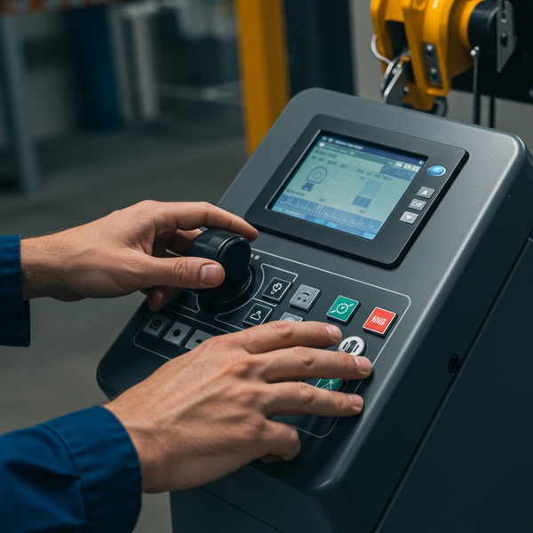 A close-up view of hands manipulating the controls of a modern, ergonomic hoist system.