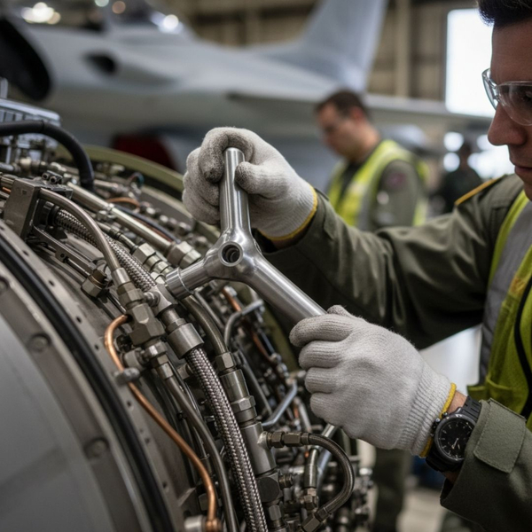 military aircraft being maintained with tool