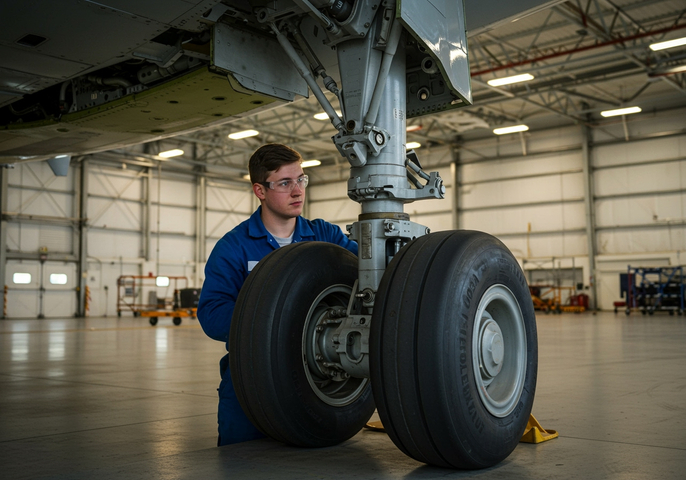 An airplane technician is inspecting the landing gear of a large aircraft in a well-lit hangar.