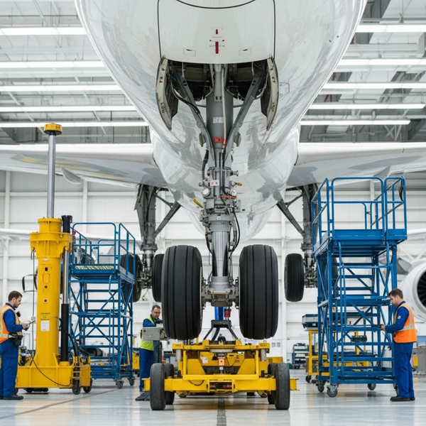 maintenance team working on airplane landing gear