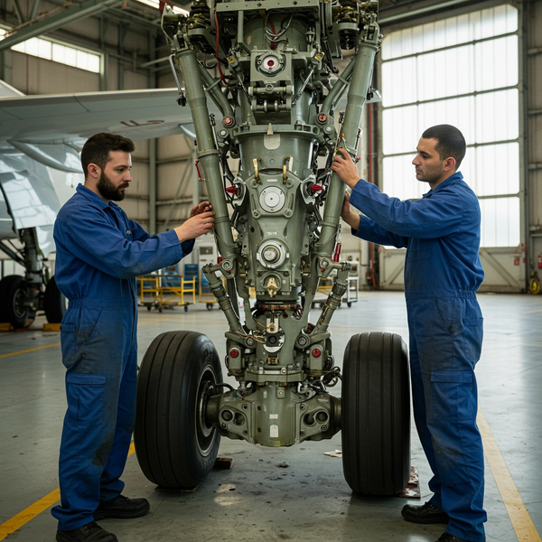 Two aircraft technicians in blue overalls work together using specialized equipment on a landing gear assembly in a hangar.