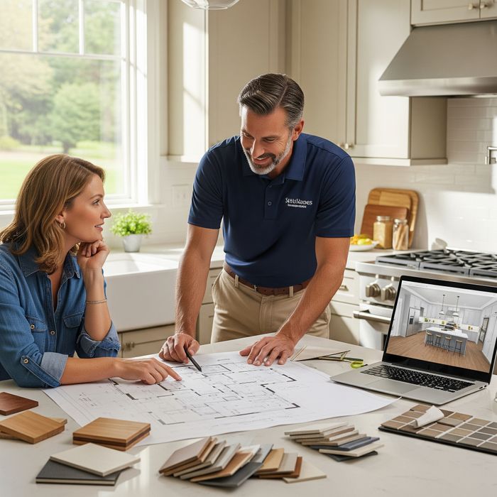 A friendly male contractor discussing kitchen design plans with a female client. They are looking at blueprints and material samples on a kitchen island. The atmosphere is collaborative and professional.
