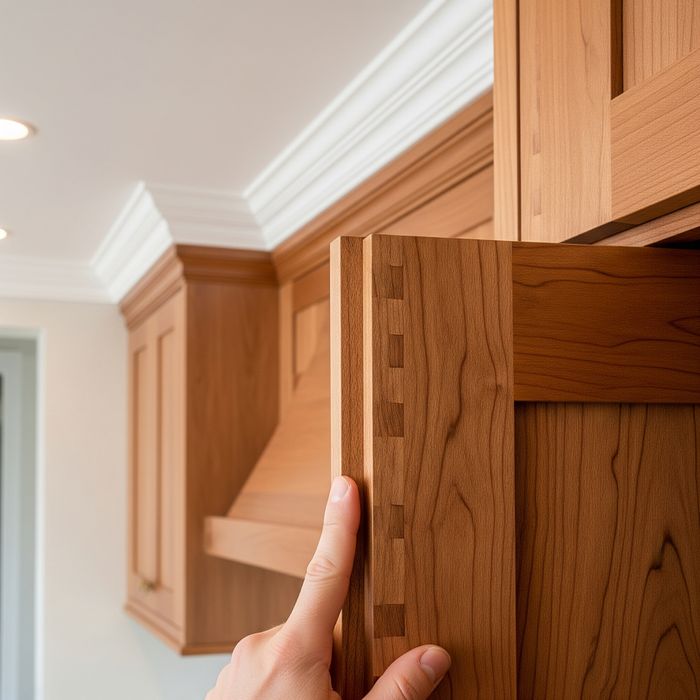 A close-up shot of a newly installed custom-built wooden cabinet, showcasing intricate joinery and a smooth finish to highlight quality craftsmanship.