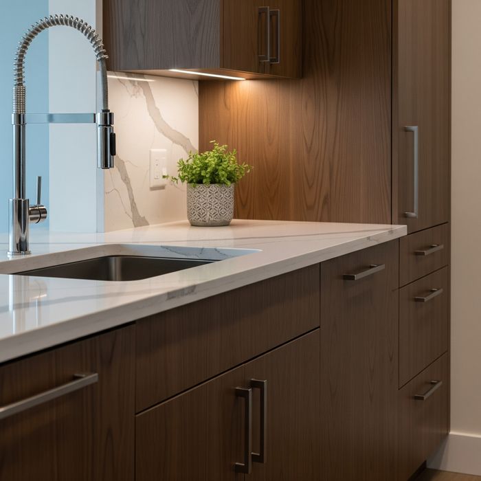 A close-up shot of modern kitchen custom cabinetry made of dark wood with a light-colored quartz countertop. A stainless steel sink and a gooseneck faucet are partially visible.