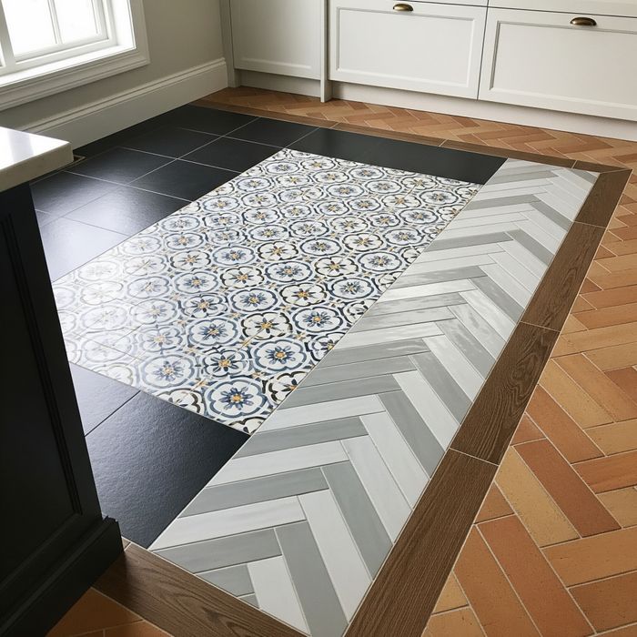 A close-up shot of a kitchen floor showcasing a variety of stylish tiling options, including ornate mosaic tiles, matte black porcelain tiles, and warm-toned terracotta tiles laid in a basketweave pattern.