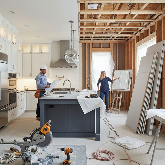 A modern kitchen undergoing a renovation with new white cabinetry and a large island on one side, and exposed studs and tools on the other.