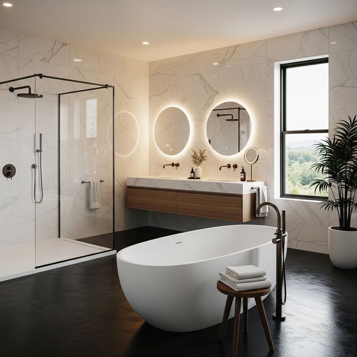 A luxurious bathroom with a freestanding white tub, a walk-in glass shower, and elegant marble tile walls.