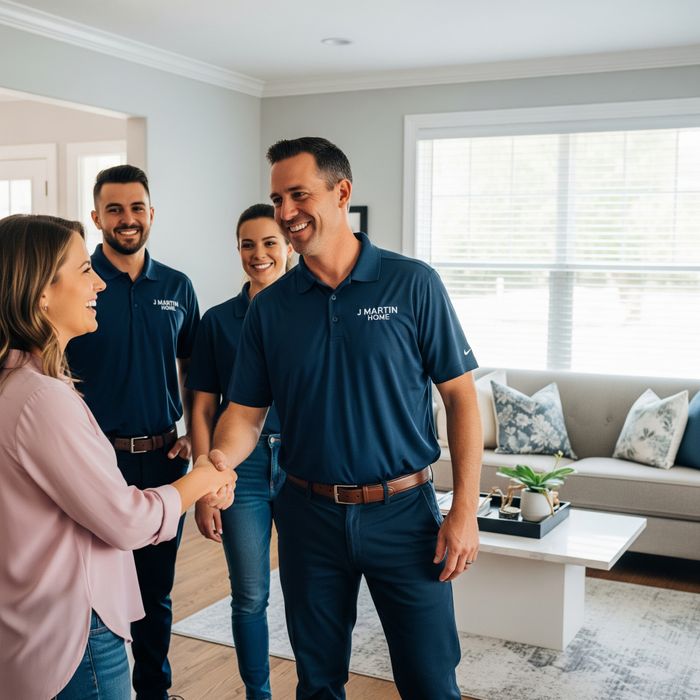 A team of J Martin Home contractors in branded navy blue shirts smiling and shaking hands with a happy female homeowner in a newly renovated living room.
