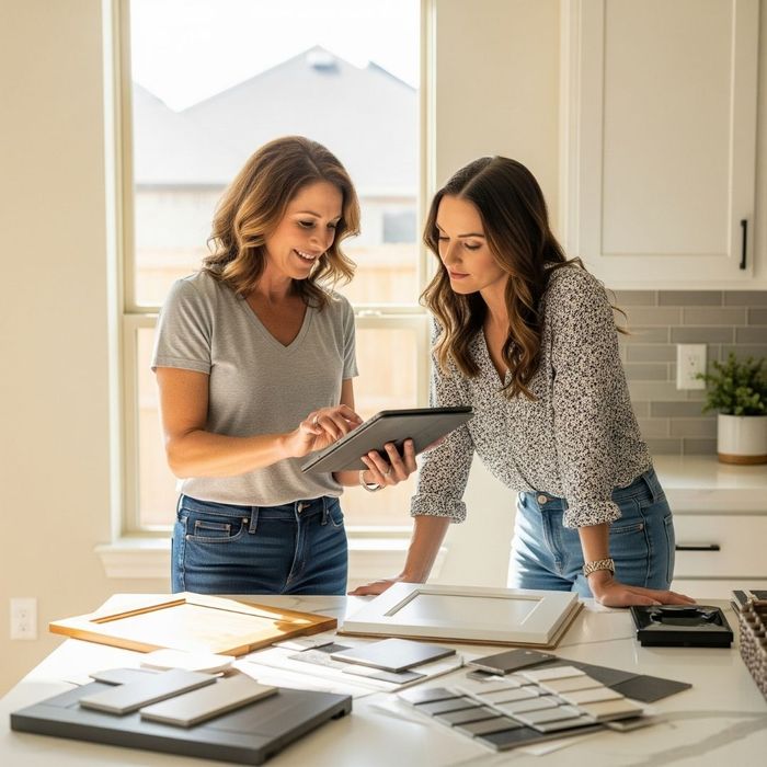 A kitchen designer and homeowner in Dallas-Fort Worth discussing design plans on a tablet, surrounded by material samples.