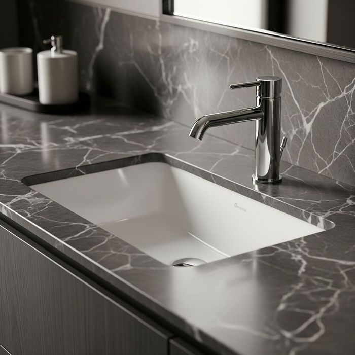 A close-up of a luxurious bathroom vanity with a modern chrome faucet, a white porcelain sink, and a polished dark gray marble countertop.