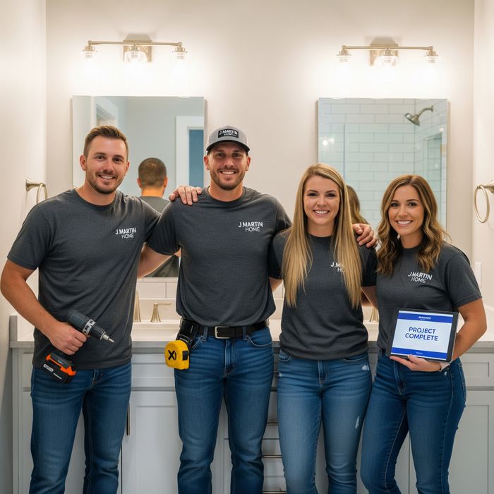 A friendly, professional team of four J Martin Home employees, two men and two women, smiling together in a newly remodeled bathroom. They are wearing branded work shirts. The bathroom features a modern design with white subway tiles, a new vanity with a q