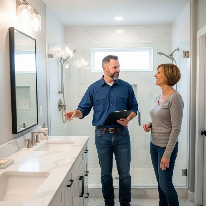 A bathroom remodeling contractor speaking with a homeowner in a newly renovated bathroom with a walk-in shower and marble countertops.