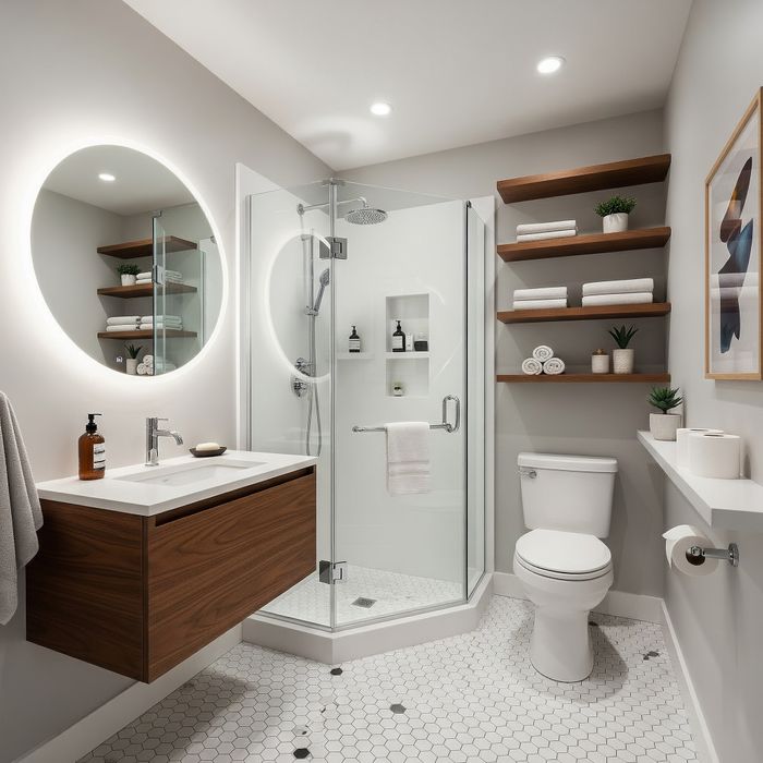 A stylish, custom-designed small bathroom with space-saving features. A compact, wall-mounted vanity sits below a round mirror. A glass-enclosed corner shower is tucked into one corner, and open wooden shelves are installed above the toilet for storage.
