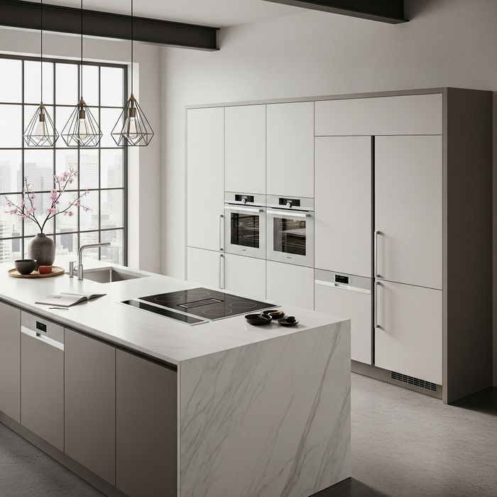 A sleek, modern kitchen with white and gray cabinetry, integrated appliances, and a large marble island with an induction cooktop. The design is minimalist and features clean lines.