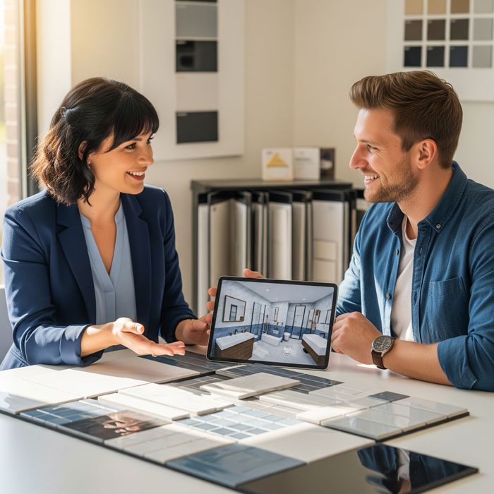 A professional interior designer and a friendly client are seated at a clean, modern table in a bright, welcoming showroom. They are looking at various bathroom tile samples and a detailed 3D rendering of a bathroom design plan on a tablet.