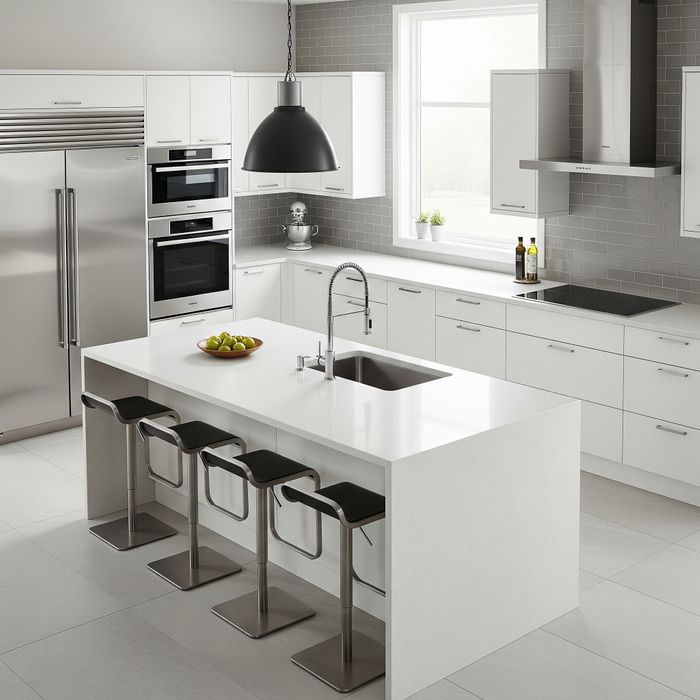 A modern kitchen with white cabinets, a large central island with a gooseneck faucet, and stainless steel appliances.