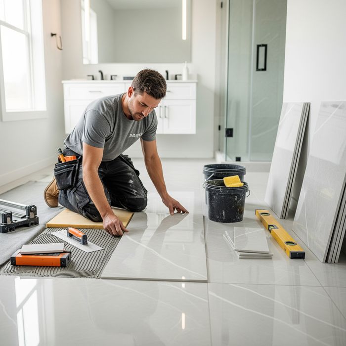 A skilled contractor is meticulously installing elegant new floor tiles in a brightly lit, modern bathroom. He is kneeling on a foam pad, carefully aligning a large, rectangular light gray marble tile. Various tools, including a tile cutter, trowel, and le