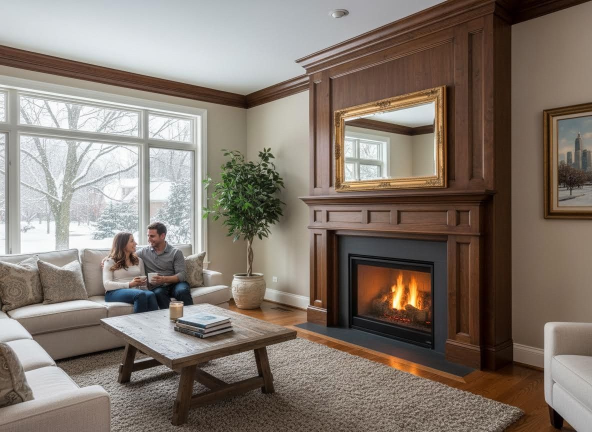 Cozy living room with fireplace and snowy view