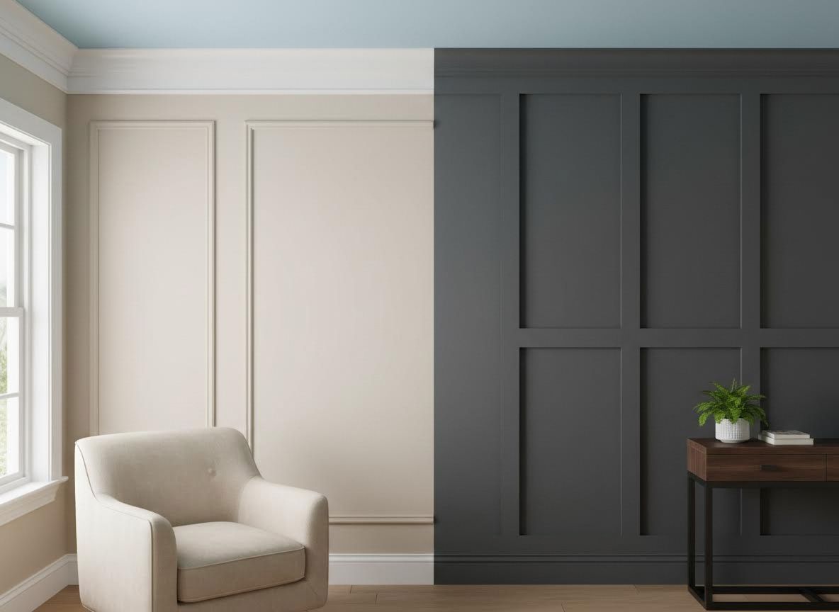 Room with split wall design featuring light beige and dark gray