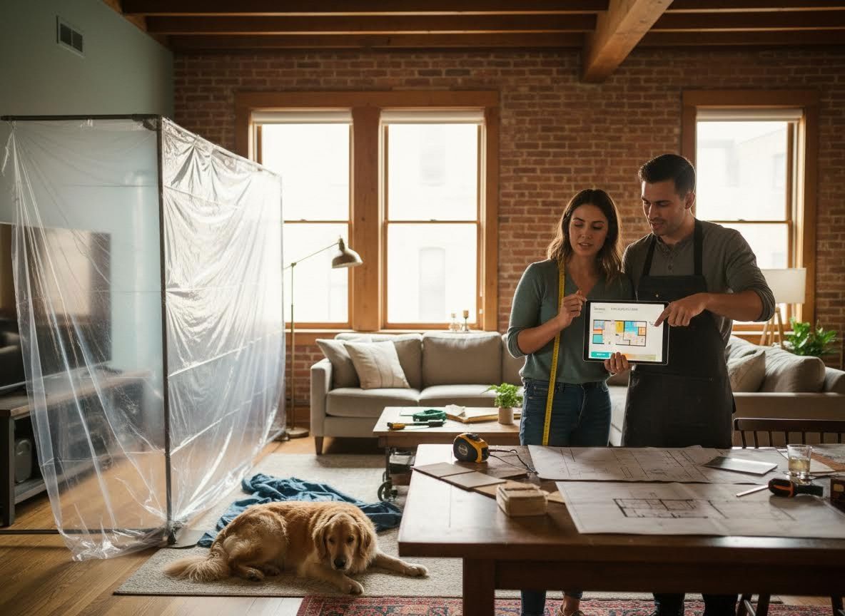 Couple Planning Home Renovation with Digital Floor Plan