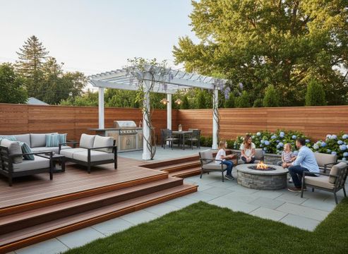Family in a Luxurious Backyard with Fire Pit and Outdoor Kitchen