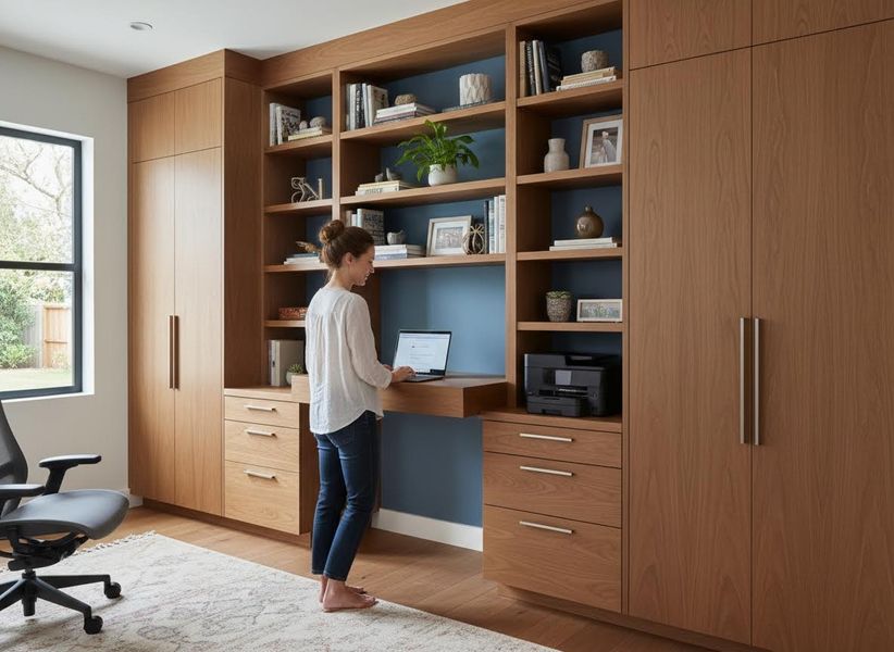 A barefoot woman works on a laptop at a custom light wood built-in desk, part of a wall-to-wall storage unit with blue-backed shelves in a modern office. Modern Home Office with Built-in Wooden Desk and Shelving