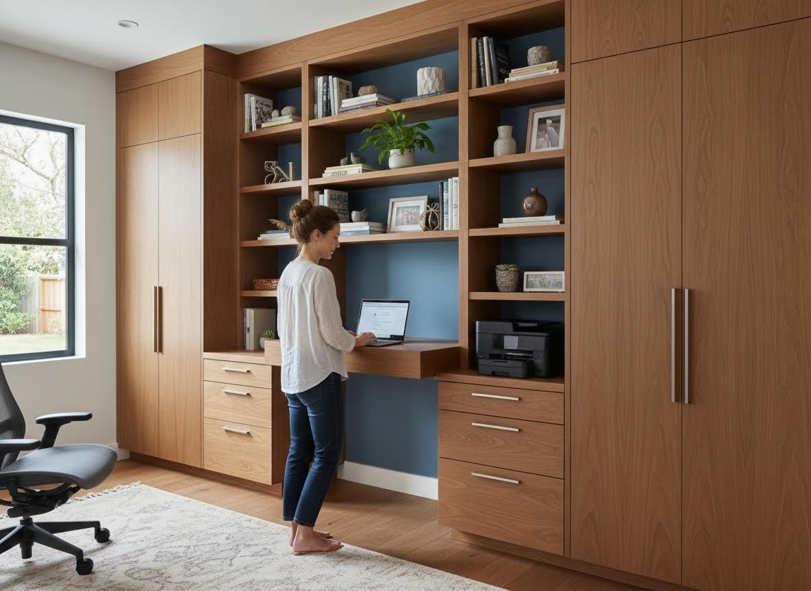 Modern Home Office with Built-in Wooden Desk and Shelving