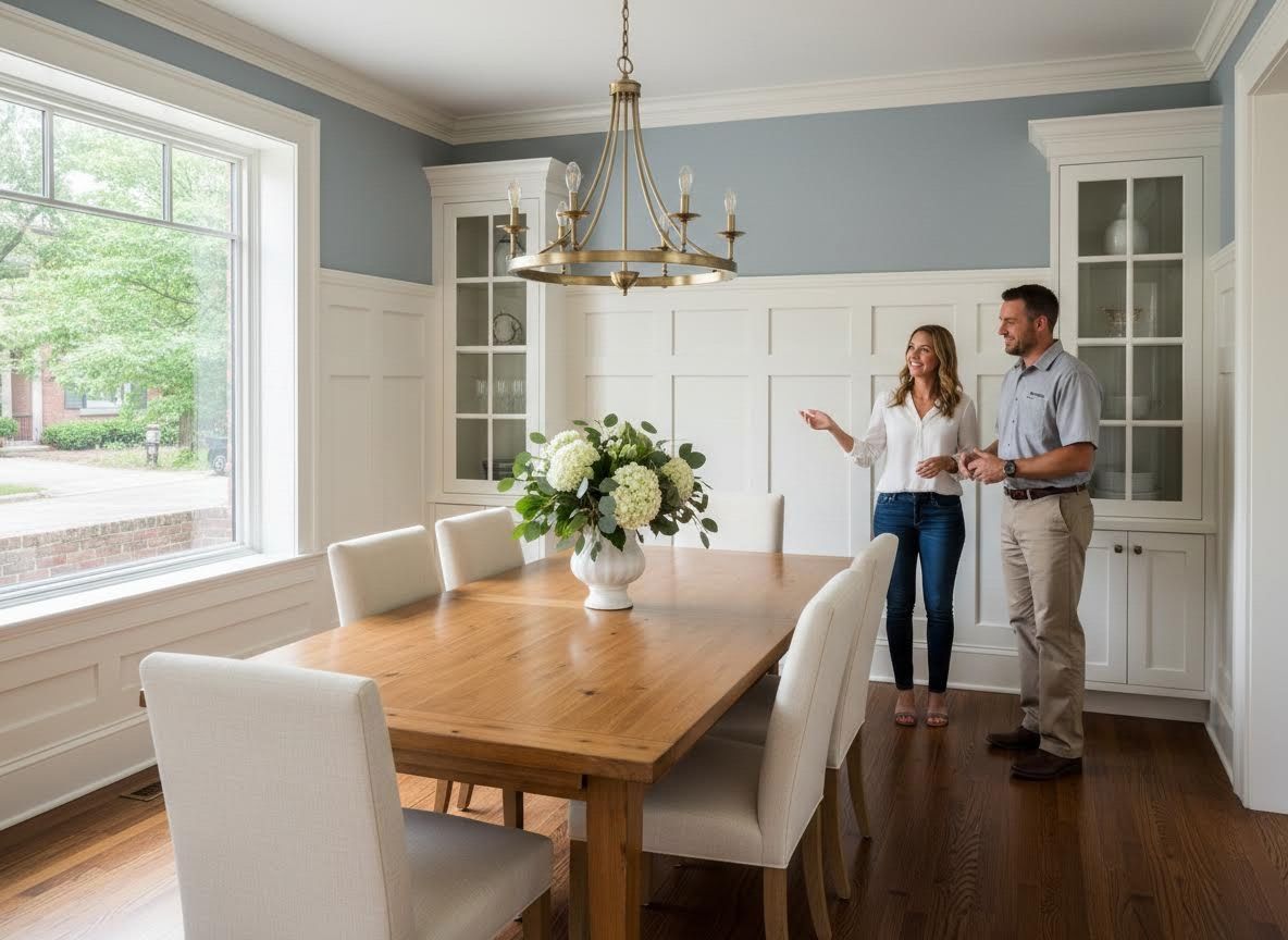 Modern dining room with built-ins, natural light, and two people discussing design