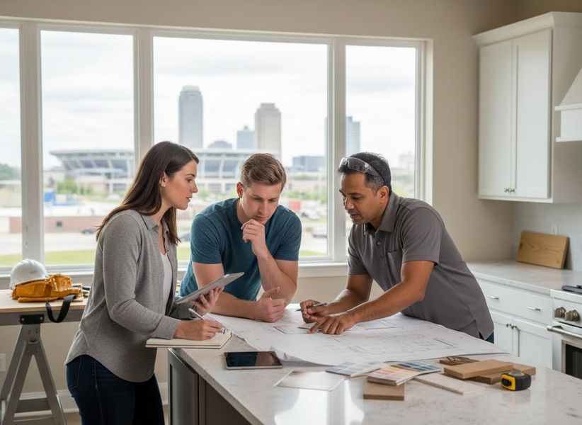 An architect and two clients review blueprints and material samples on a kitchen counter during a home renovation discussion. City skyline visible. Home Renovation Design Meeting with Architect and Clients