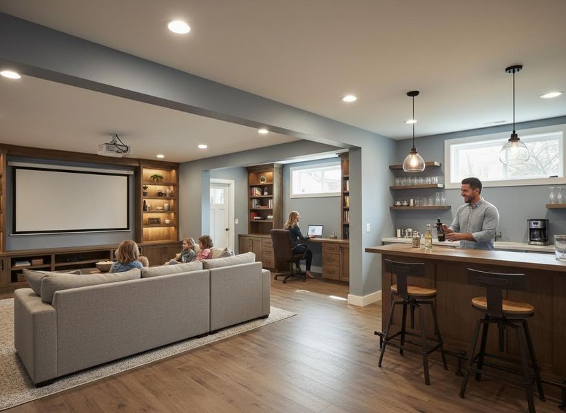 A finished basement with a home theater, wet bar, and office area. Kids watch TV, a woman works, and a man prepares drinks. Family Enjoying Multifunctional Finished Basement