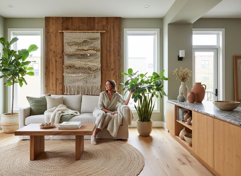 Modern Living Room with Natural Decor and Woman Relaxing