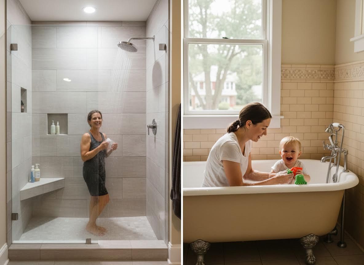Woman in Shower and Mom with Baby in Bathtub