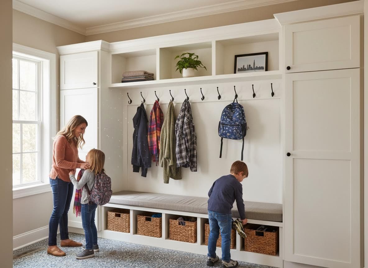 Family organizing in a modern white mudroom with built-in storage
