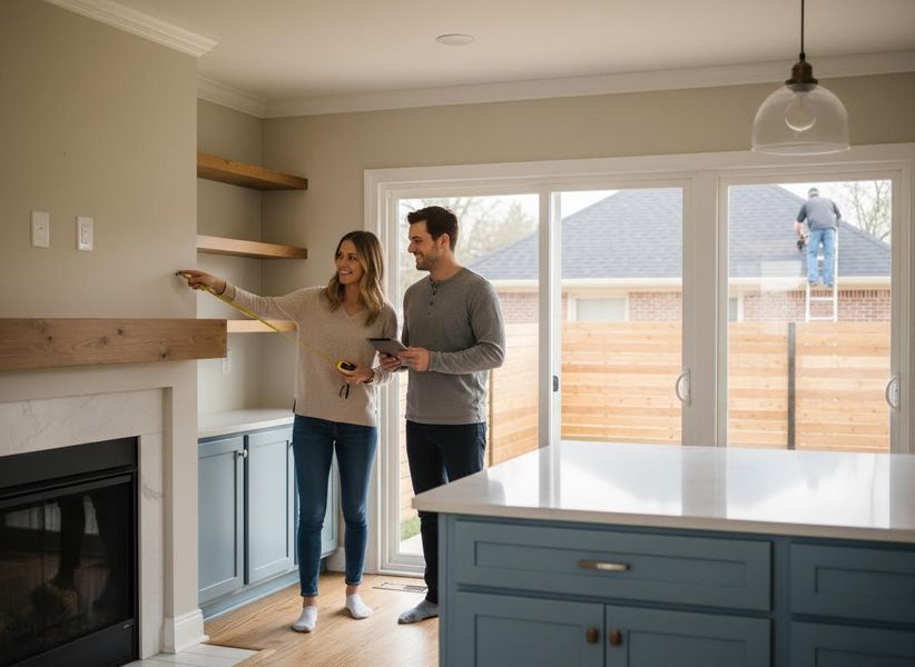A happy couple measures a wall next to a fireplace in their modern home. The man holds a tablet, and a worker is on a roof outside. Couple measuring wall in new home