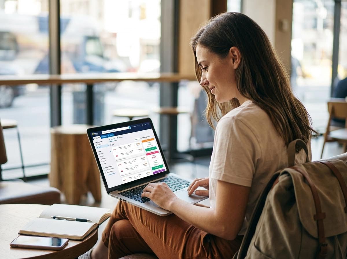 Young Woman Planning Travel on Laptop in Cafe