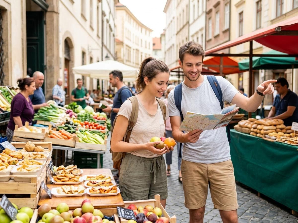 A young couple exploring a vibrant outdoor market