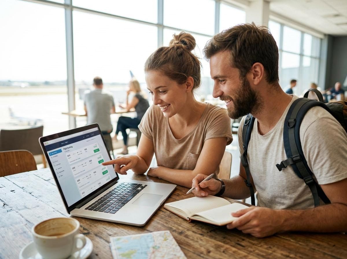 Happy couple planning travel on laptop in airport lounge
