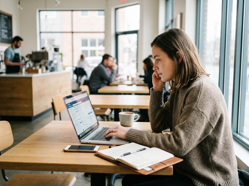 A young woman in a brown sweater types on her laptop at a wooden table in a busy cafe, with coffee, phone, and notebook nearby. Woman working on a laptop in a bustling coffee shop