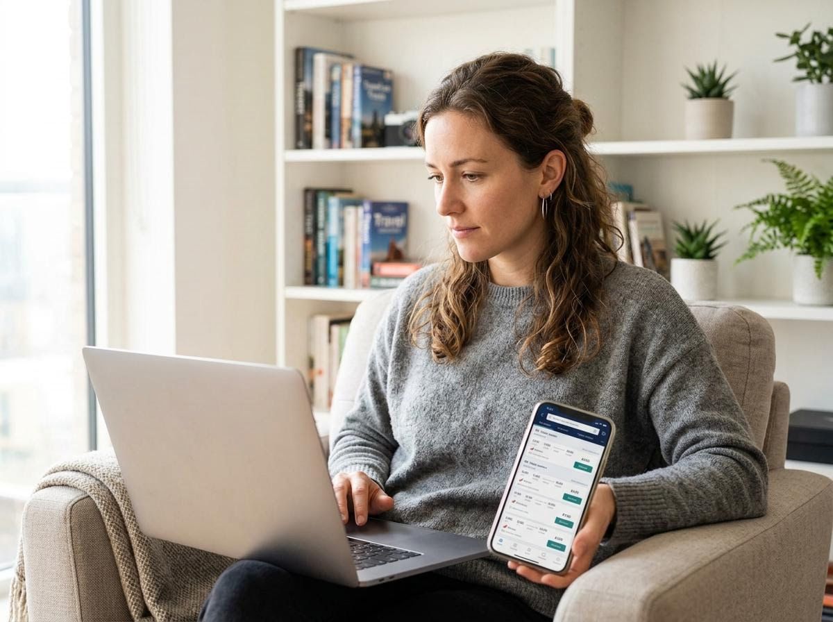 Woman managing finances with laptop and smartphone