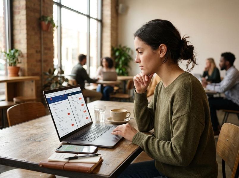 A young woman intently uses a laptop in a cozy cafe, surrounded by natural light and other patrons, with a coffee and notebook on her table. Focused woman using laptop in a cafe