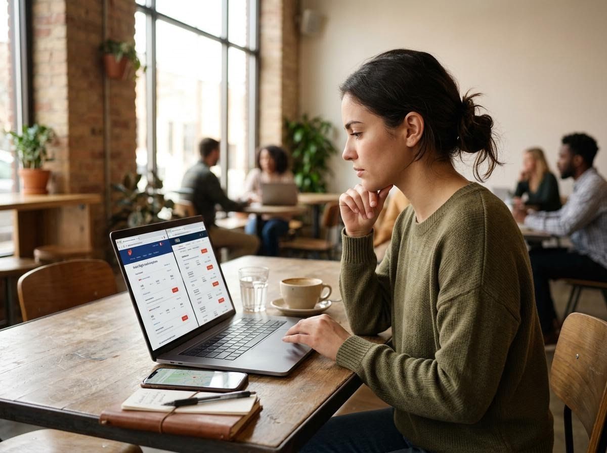 Focused woman using laptop in a cafe