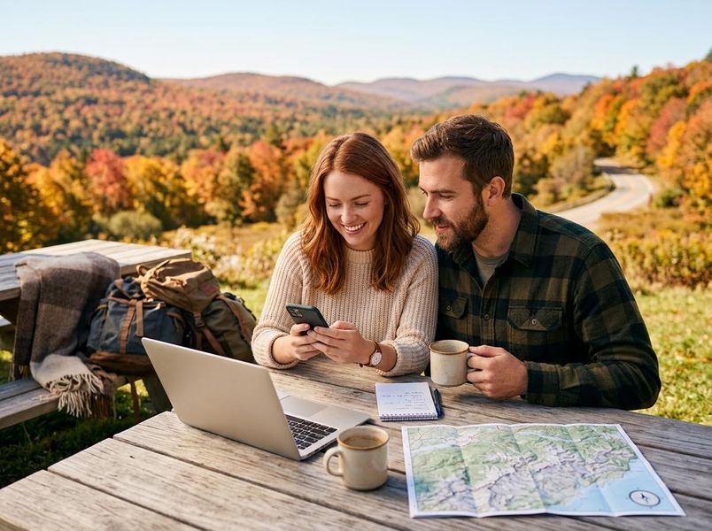 A smiling couple uses a smartphone, laptop, and map at a picnic table. They are surrounded by vibrant autumn foliage and mountains. Couple planning autumn trip outdoors
